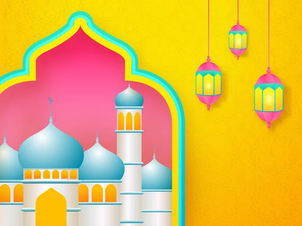 Ilustración realista de la mezquita (Masjid) y linterna colgante — Vector de stock