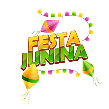 Festa Junina tipografisi fenerler ve kiraz kuşu f ile süslenmiş