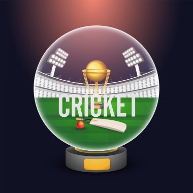 Bir kristal küre kriket elemanları ile Stadyum görünümü arka plan