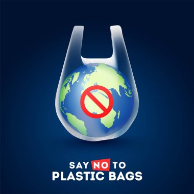 Plastik torbalara hayır deme metni ile plastik bir torbaiçinde Earth globe