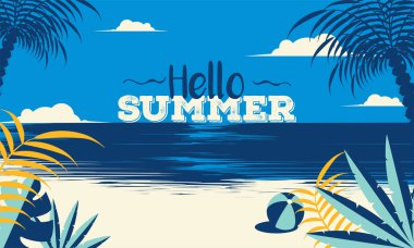 Güzel plaj manzarası ile Merhaba Yaz arka plan. Kullanılabilir bir