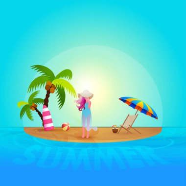 Sahilde güzel genç kız ile Sabah yaz arka plan. Ca