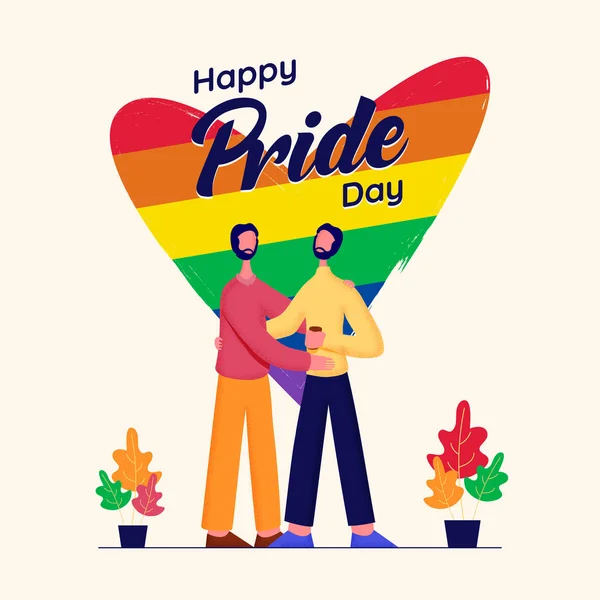 Happy Pride Day concept avec les couples gays et coeur de couleur arc-en-ciel — Image vectorielle