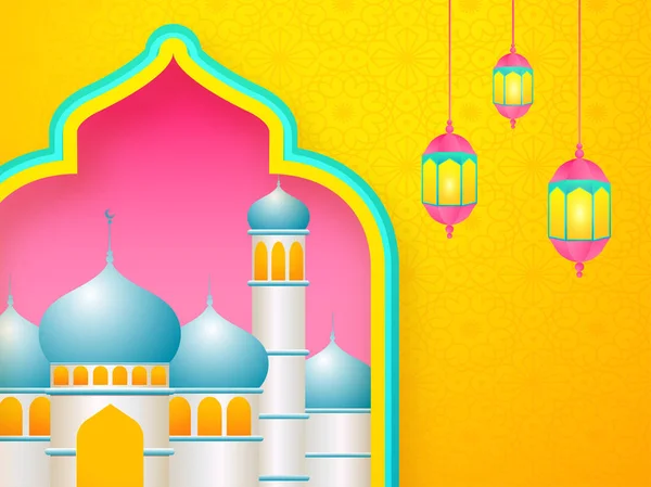 Moschea lucida illustrazione e appeso lanterne illuminate su un — Vettoriale Stock