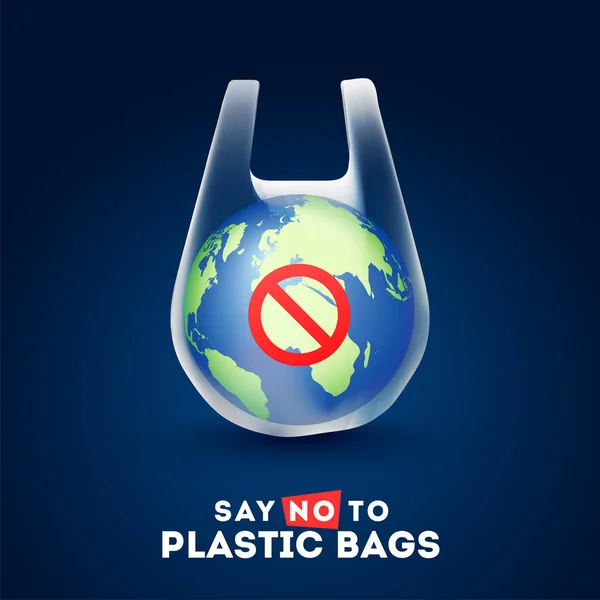 Globo de terra em um saco de plástico com texto de dizer não a sacos de plástico — Vetor de Stock