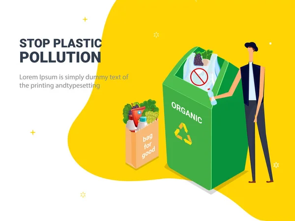 Sacs poubelles en plastique dans la poubelle avec le caractère de l'homme et en utilisant org — Image vectorielle