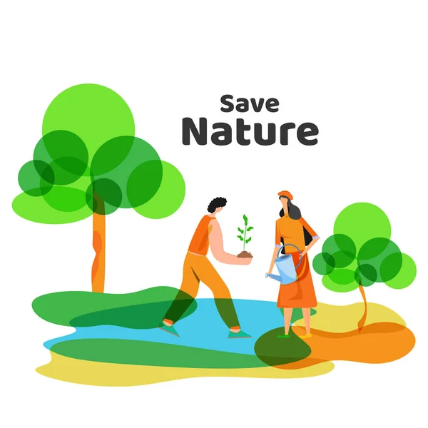 Save Nature concept with gardening man and lady character on abs — Stock Vector
