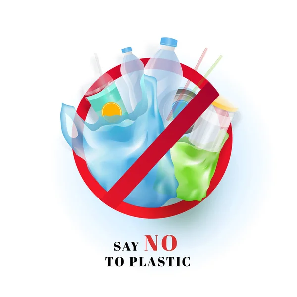 Скажіть ні пластику, використовуючи такі як поліетилен, пляшки та соломинку — стоковий вектор