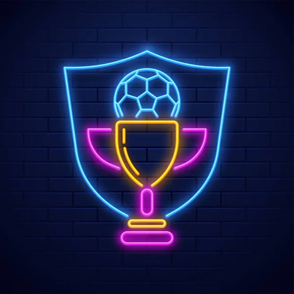 Neon style soccer trophy award illustration on brick wall backgr — Stock Vector