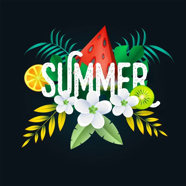 Creative Summer text with summer fruits, leaves and paper cut fl — Stock Vector