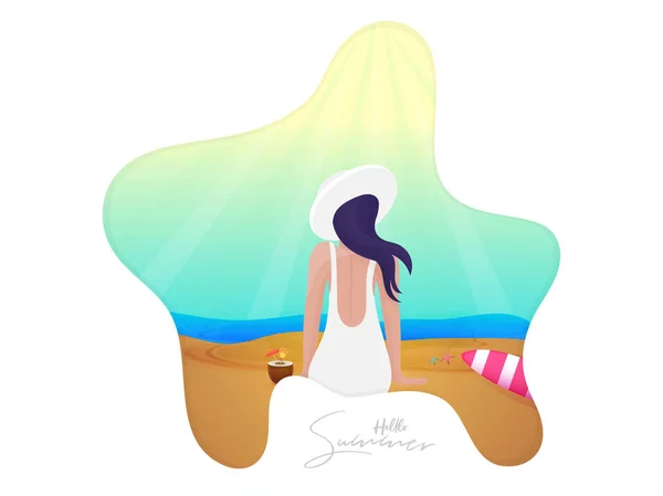 Achteraanzicht van de vrouw karakter op het strand weergave achtergrond voor Hello — Stockvector
