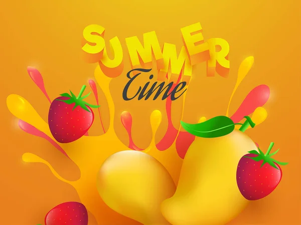 Texto de verano en 3D con ilustración de mango y fresa en naranja — Vector de stock