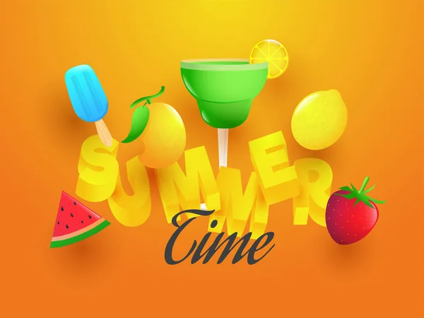 3D text Summer med inslag som mango, citron, glass, MOC — Stock vektor