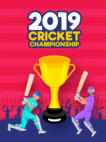 Иллюстрация крикетных бэтсменов с чемпионским трофеем на 2019 С — стоковый вектор