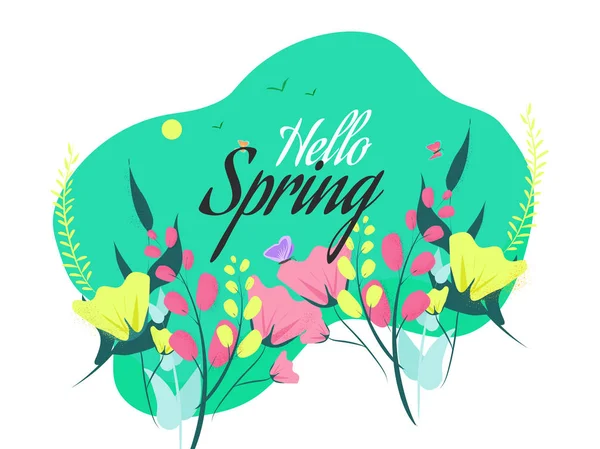 Ciao Sfondo primavera decorato con bellissimi fiori e pulci — Vettoriale Stock