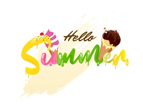 Kreativní barevný text Hello léto se zmrzlinovým kuželem znázorňující — Stockový vektor