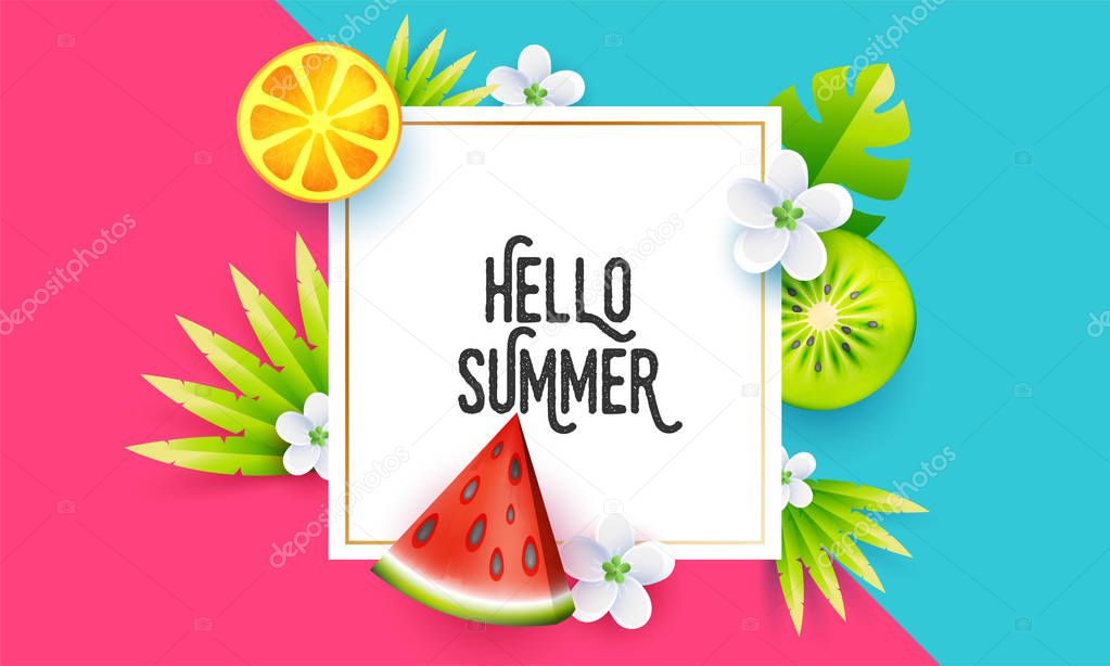 Pink and blue background decorated with summer fruits illustrati