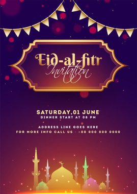 Eid-Al-Fitr invitation card design with shiny mosque illustratio