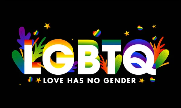 3D-tekst LGBTQ versierd met kleurrijke bladeren op zwarte achtergrond — Stockvector