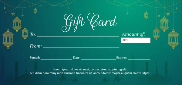 Carta regalo verde orizzontale o layout voucher per la festa islamica — Vettoriale Stock