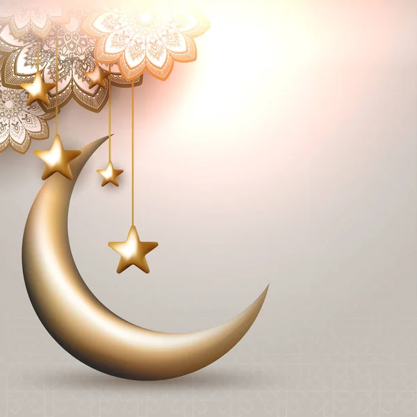 3D illustration of crescent moon with hanging golden stars and a