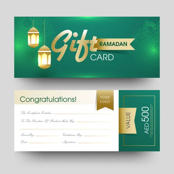 Спереду і ззаду вид подарункової картки Рамадан з висячими освітлюють — стоковий вектор