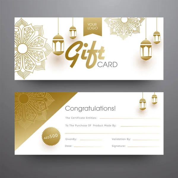 Horizontale Geschenkkarte oder Banner-Design mit hängender goldener Laterne — Stockvektor