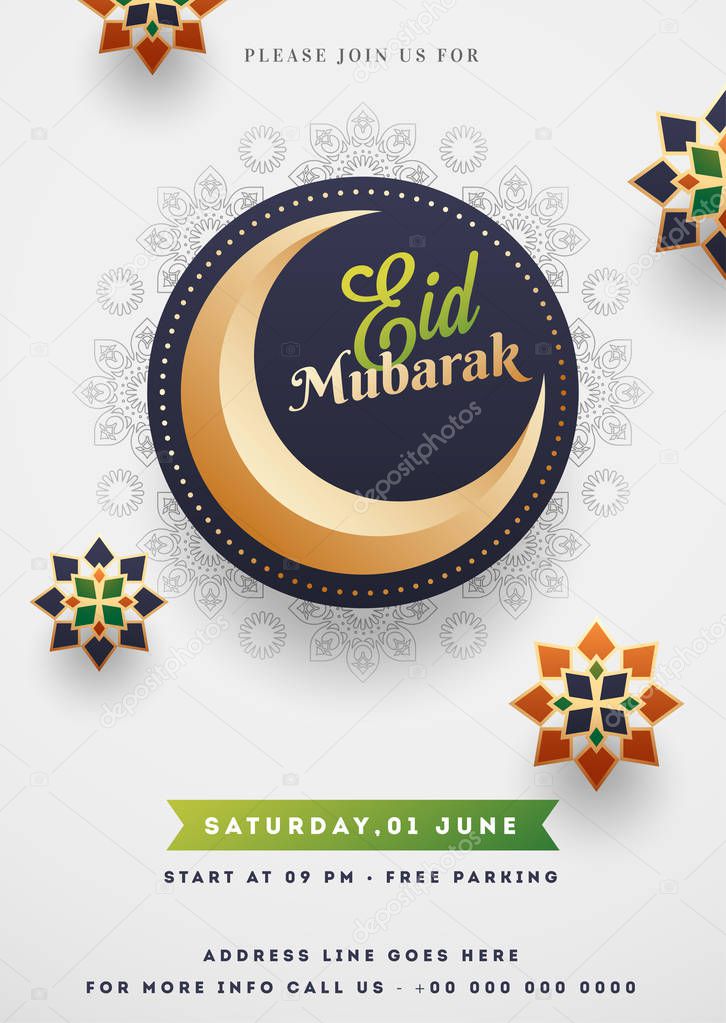 Eid Mubarak template or flyer design with crescent moon and isla