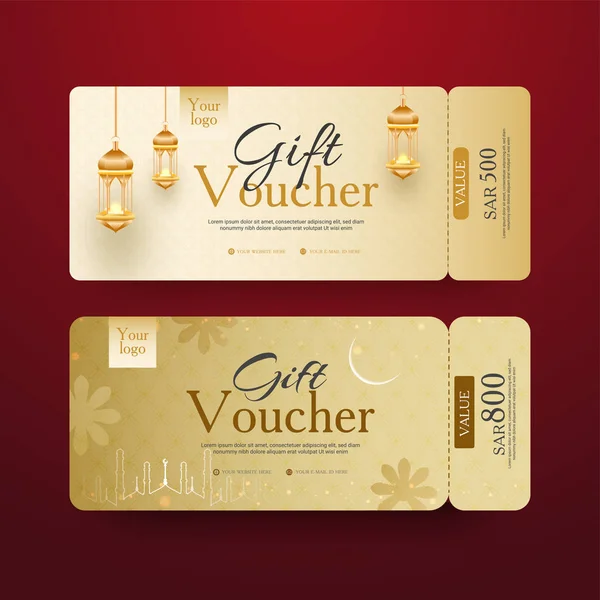 Golden Gift Voucher set met verlichte lantaarns en verschillende — Stockvector