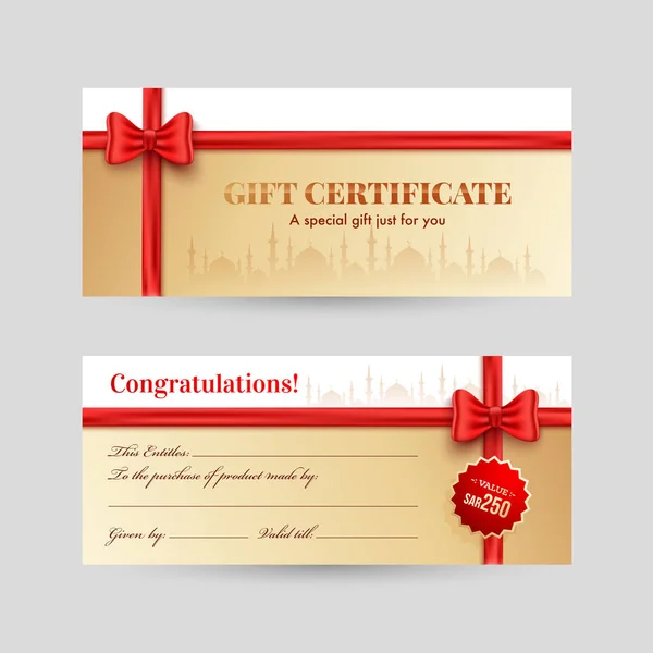 Vista horizontal de la parte delantera y trasera Gift Certificate con costilla roja — Archivo Imágenes Vectoriales