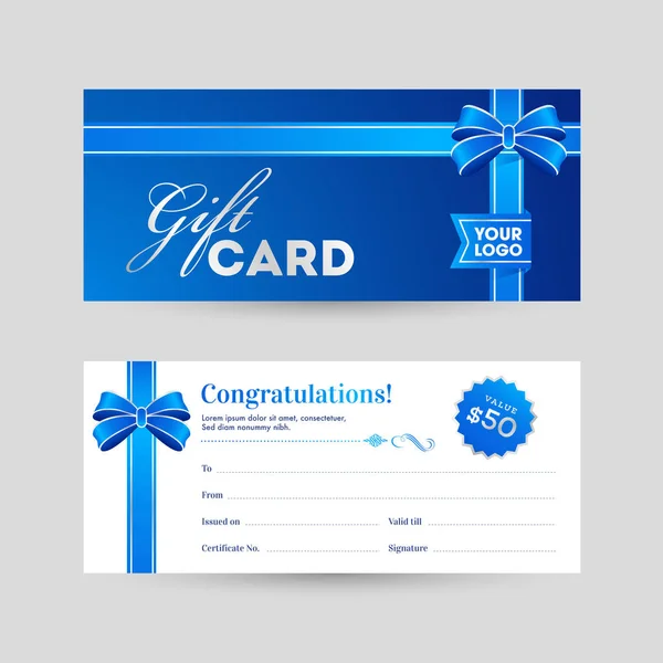 Vista de frente e verso horizontal Gift Card com fita azul e — Vetor de Stock