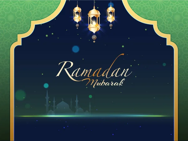 Testo elegante del Ramadan Kareem e lanterna sospesa illuminata o — Vettoriale Stock
