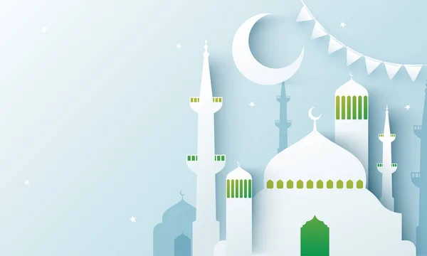 Kreativa papper skära illustration av moskén och månen, dekoration o — Stock vektor