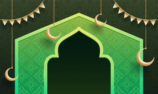 Цветочный фон, иллюстрация ворот мечети и висящей луны — стоковый вектор