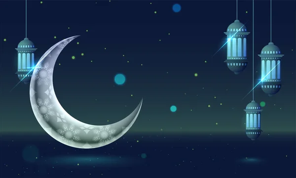 几何花卉装饰闪耀的月亮和灯笼在夜晚 — 图库矢量图片
