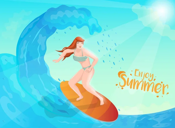 Ilustracja surfer kobieta nurkowanie wody na tle słońca — Wektor stockowy