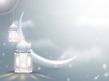 Parlak bulutlu backgrou Üzerinde ışıklı fenerler ile Hilal ay