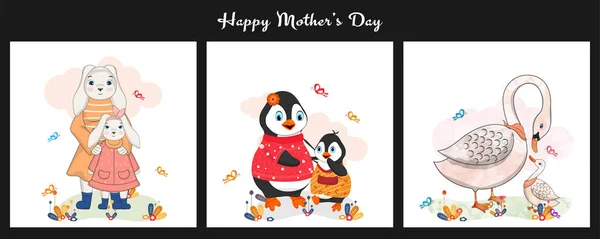 Happy Mother's Day greeting card design with cute animal charact — Stock Vector