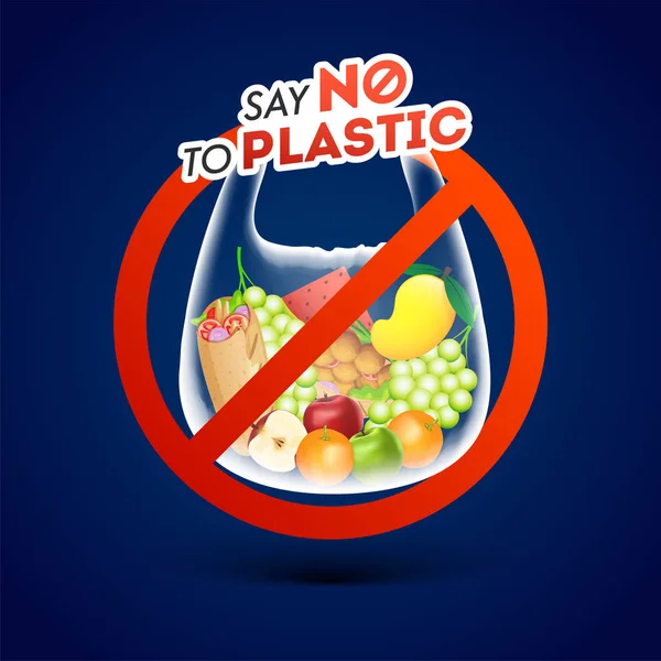 Diga No a Plástico cartel de prohibición de polietileno sobre fondo azul para Stop — Vector de stock