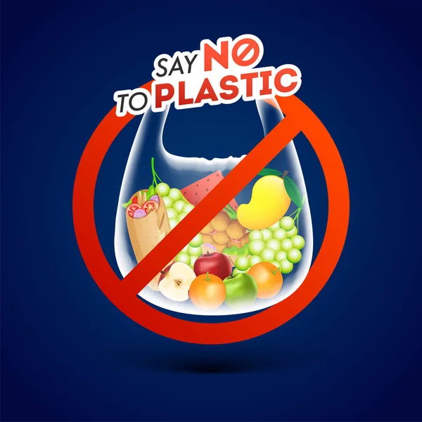 Stop için mavi arka plan üzerinde Plastik polietilen yasağı işareti hayır deyin — Stok Vektör