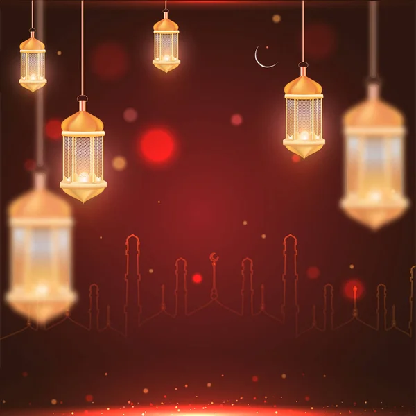 Linternas iluminadas doradas y mezquita de arte de línea en marrón brillante — Vector de stock