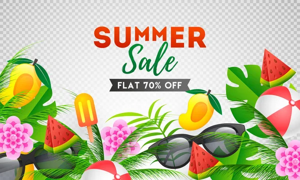 Banner de venda de verão ou design de cartaz com 70% oferta de desconto e — Vetor de Stock