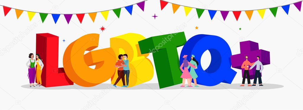 3D colorful text of LGBTQ+  with gay and lesbian couples on whit