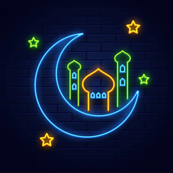 Neon lighting effect crescent moon with mosque and stars on blue — Stock Vector