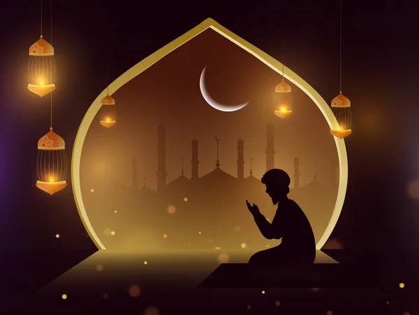 Silhuett av en man gör bön (namaz) framför moskén i E — Stock vektor