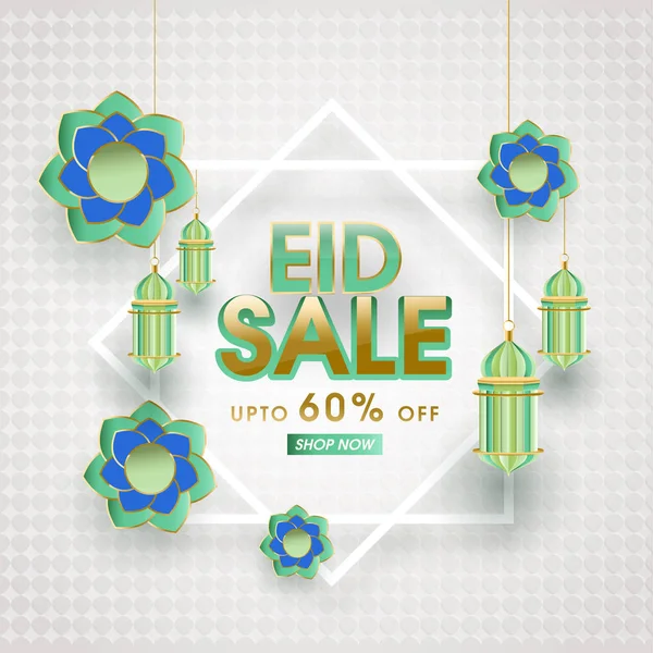 Eid Sale até 60% off poster ou design de banner com decoração de flores — Vetor de Stock