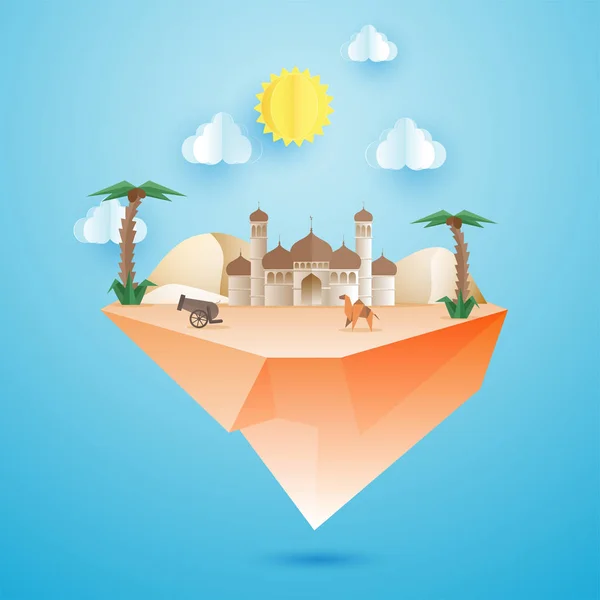 Bayram Mübarek için cami ile Çöl görünümü afiş veya afiş tasarımı — Stok Vektör