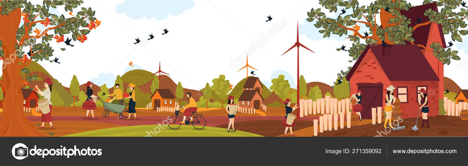 Rural Landscape With House Trees Birds Cartoon Character Of P