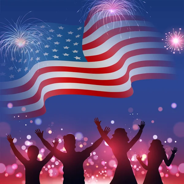 Silhouette du personnage du peuple jouissant sur le drapeau américain ondulé — Image vectorielle