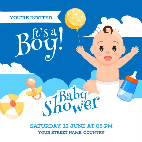 Baby Shower invitation card design with cute baby boy, elements — Stock Vector